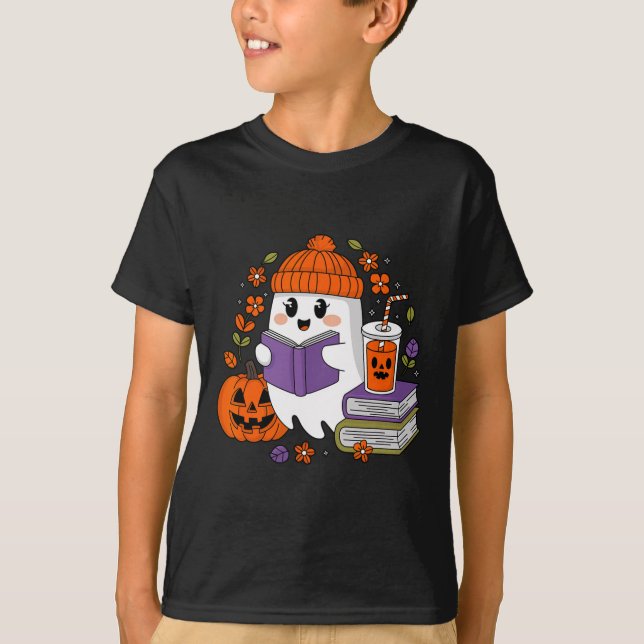 Camiseta Halloween Ghost Reading Book Amantes del café fant (Anverso)