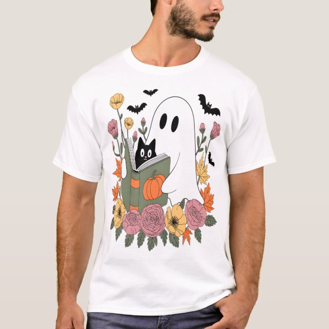 Camiseta Halloween Ghost Reading Book Cat (Anverso)
