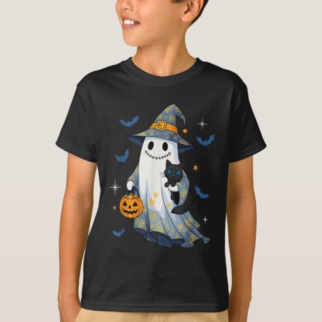 Camiseta Halloween Ghost Witch Holding Black Cat Funny Hall (Anverso)