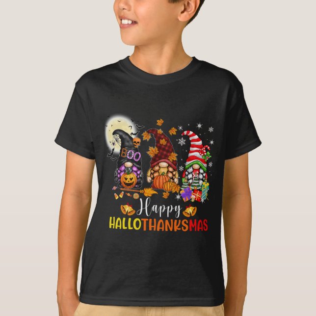 Camiseta Halloween Gnomes Happy HalloGraciasMas Acción de G (Anverso)