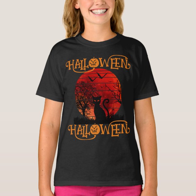 CAMISETA HALLOWEEN HALLOWEEN CAT BATES DE MIEDO NEGRO (Anverso)
