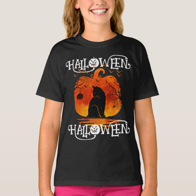 CAMISETA HALLOWEEN HALLOWEEN GATO CALABAZA NEGRA (Anverso)