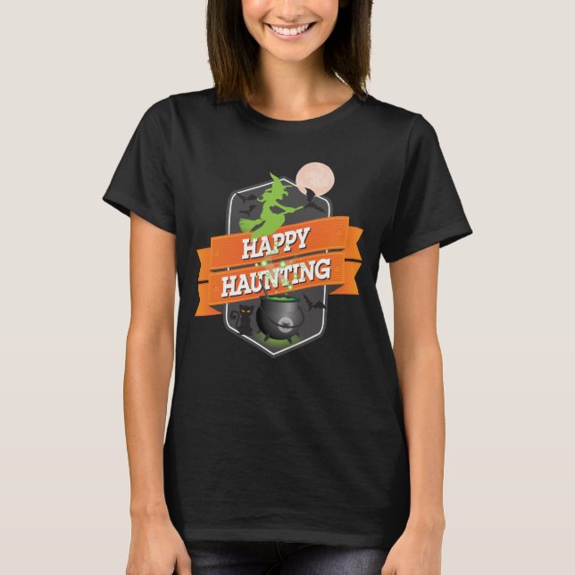 Camiseta Halloween Happy Haunting with Witch on Broom (Anverso)