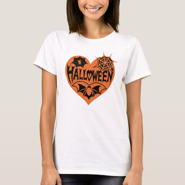 Camiseta Halloween Heart, Orange Heart Shape, Spider Web (Anverso)