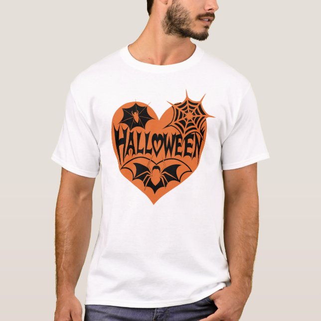 Camiseta Halloween Heart, Orange Heart Shape, Spider Web (Anverso)