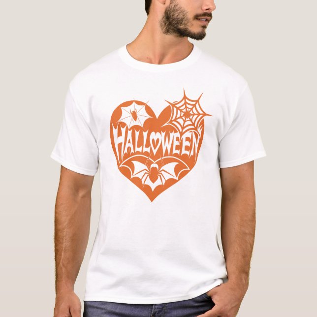 Camiseta Halloween Heart, Orange Heart Shape, Spider Web (Anverso)