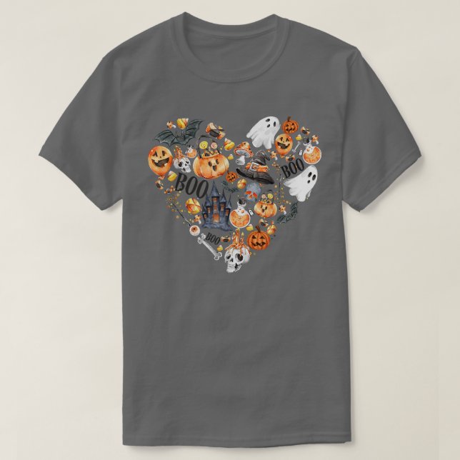 Camiseta Halloween Heart With Pumpkins Ghosts Haunted House (Diseño del anverso)