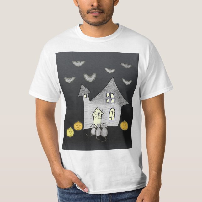 Camiseta Halloween House, gatos negros, murciélagos, calaba (Anverso)