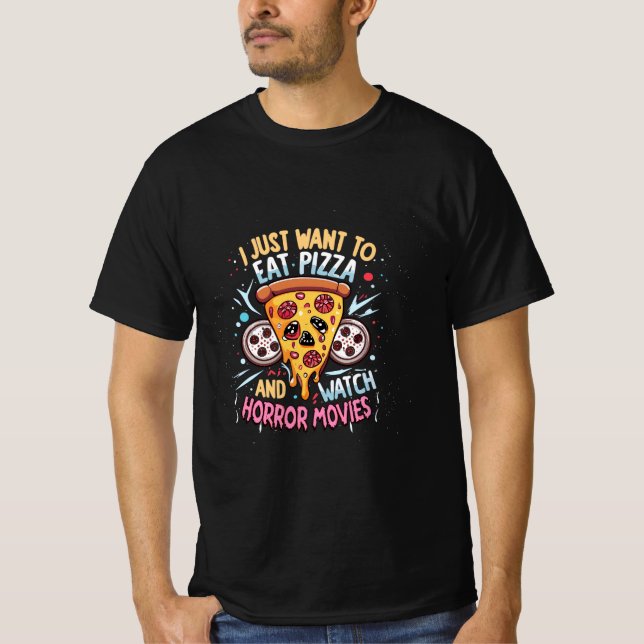Camiseta Halloween humorístico dice pizza y películas de te (Anverso)