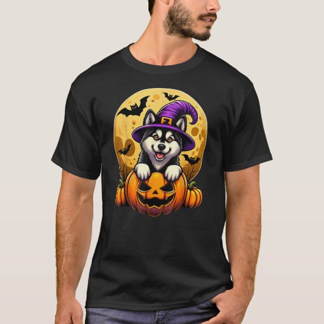 Camiseta Halloween Husky Witch Hat Pumpkin Dog Lover Men Wo (Anverso)