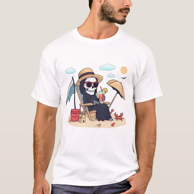 Camiseta Halloween in Summer – Grim Reaper on the Beach (Anverso)