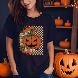 Camiseta Halloween Jack-o-Lantern con cheques y flores