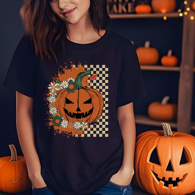 Camiseta Halloween Jack-o-Lantern con cheques y flores (Subido por el creador)