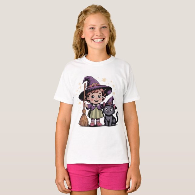 Camiseta Halloween Kids Witch Girl Cat T-Shirt (Anverso completo)