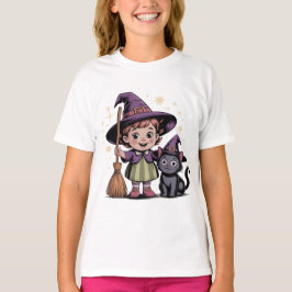 Camiseta Halloween Kids Witch Girl Cat T-Shirt