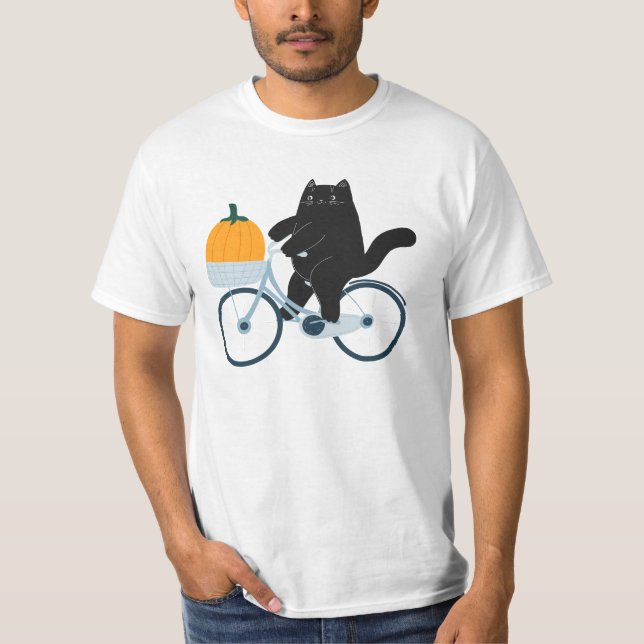 Camiseta Halloween Kürbis Katze auf Fahrrad (Anverso)