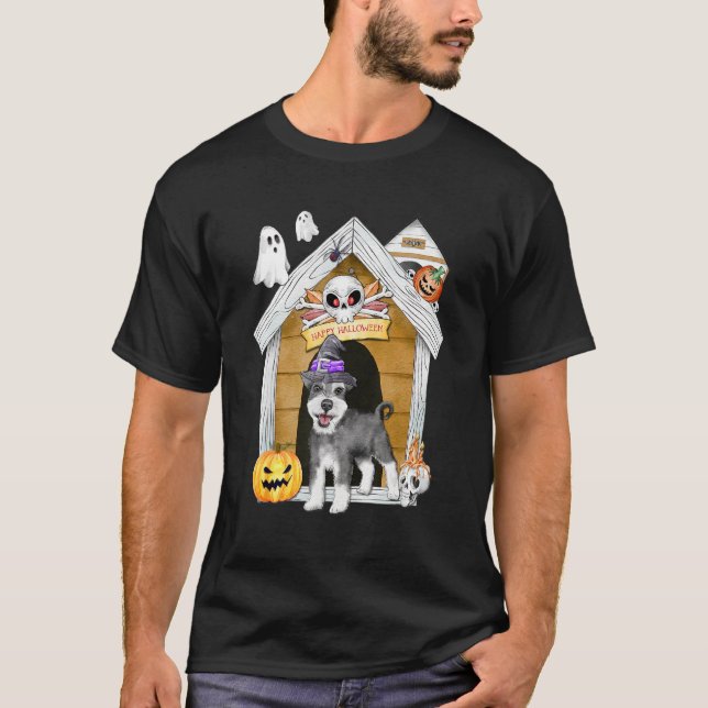 Camiseta Halloween Miniatura Schnauzer Dog Witch Haunted (Anverso)