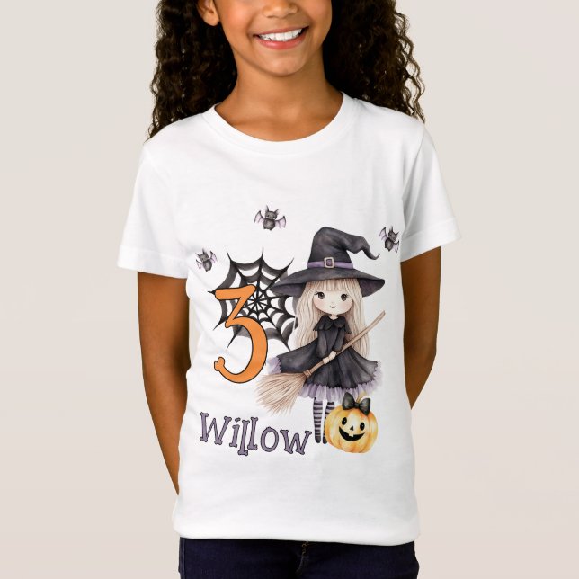 Camiseta Halloween Naranja Negra Pequeña Bruja Cumpleaños (Anverso)