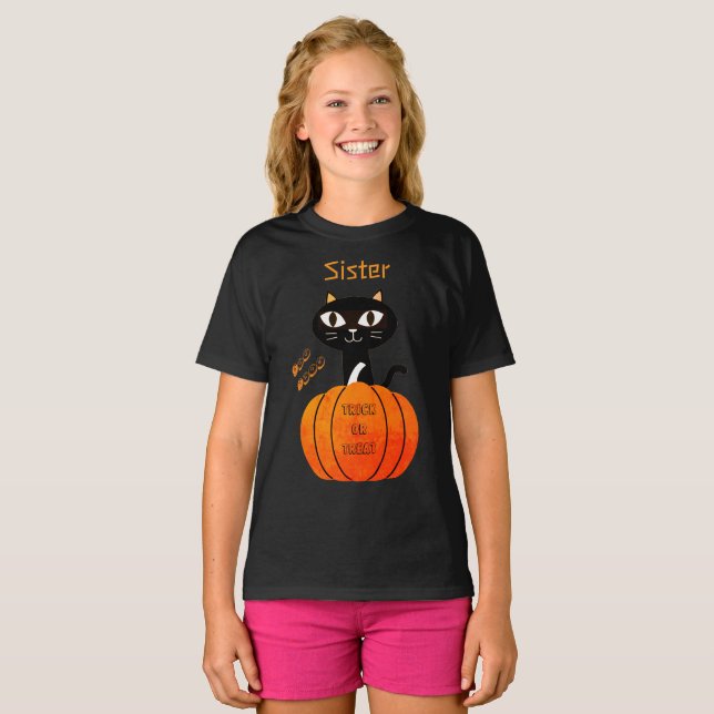 Camiseta Halloween naranja y familia de Chicas de gatos neg (Anverso completo)