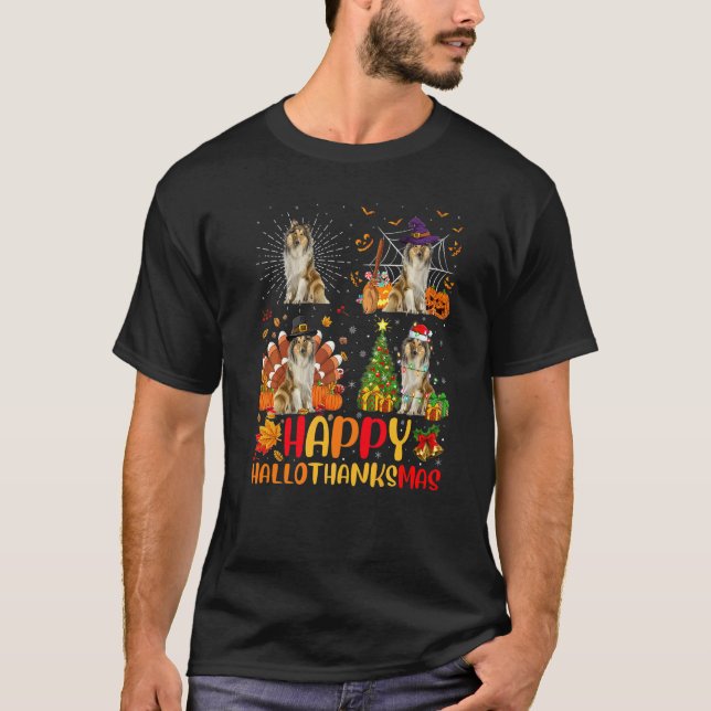 Camiseta Halloween Navidad  Collie Áspero Perro Hallothanks (Anverso)
