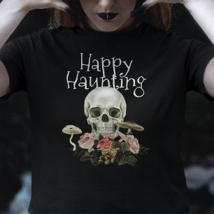 Camiseta Halloween Negro Espeluznante Calavera Rosa Floral