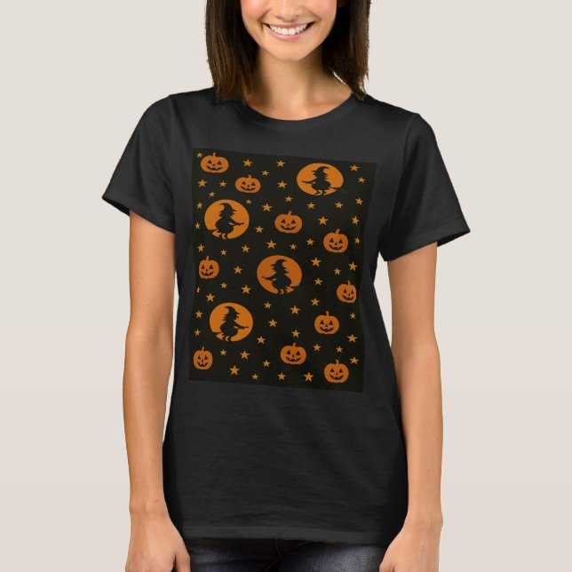 Camiseta Halloween Orange Flying Witch and Pumpkins (Anverso)