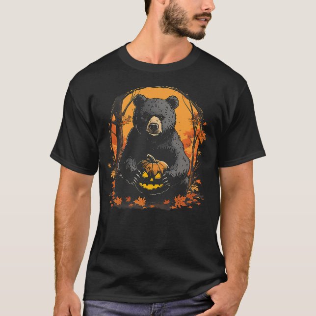 Camiseta Halloween Panda Bear Forest Autumn Leaves Pumpkin  (Anverso)