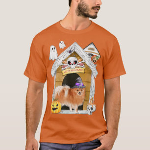 Camiseta Halloween Pomeranian Dog Witch Hauned House T-Shi