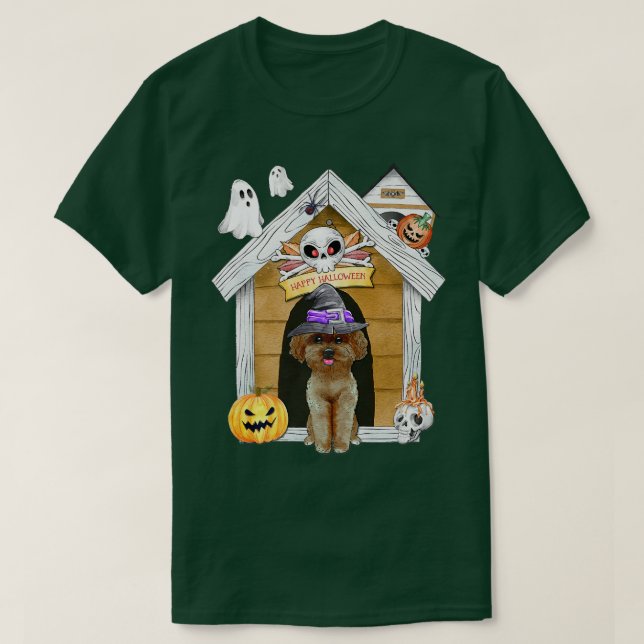 Camiseta Halloween Poodle Dog Witch Hauned House (Diseño del anverso)