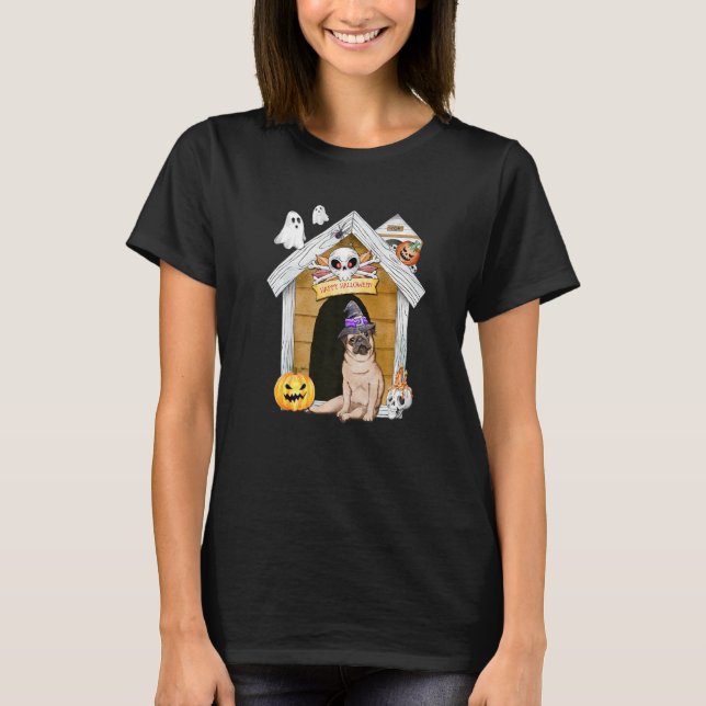 Camiseta Halloween Pug Dog Witch Hauned House (Anverso)