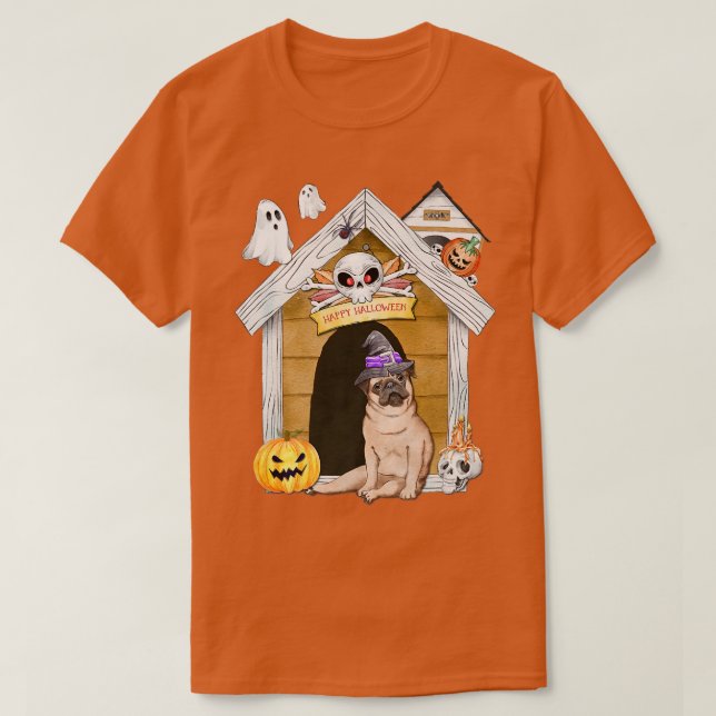 Camiseta Halloween Pug Dog Witch Hauned House (Diseño del anverso)