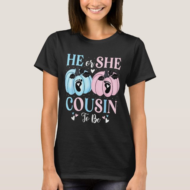 Camiseta Halloween Pumpkin Gender Reveal He Or She Cousin T (Anverso)