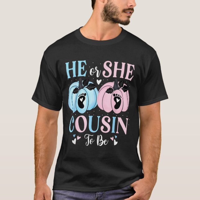 Camiseta Halloween Pumpkin Gender Reveal He Or She Cousin T (Anverso)