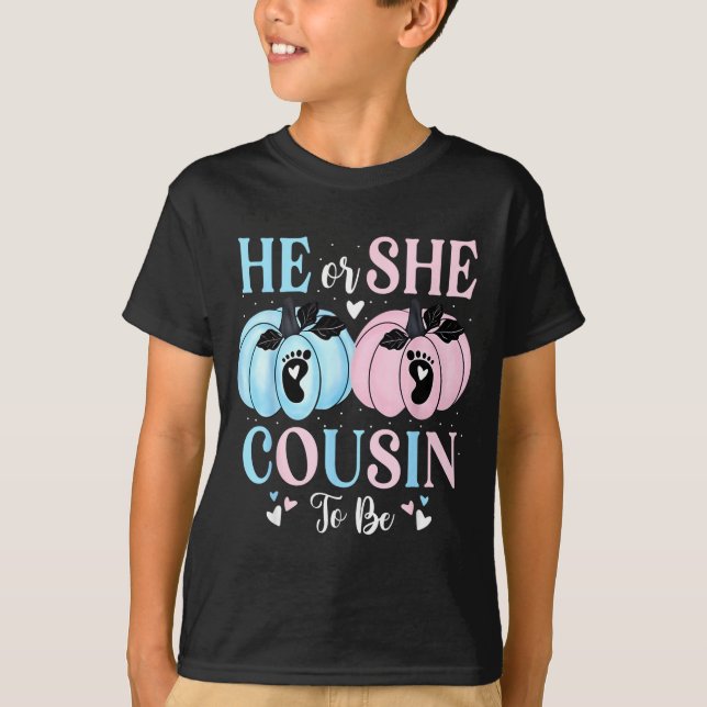 Camiseta Halloween Pumpkin Gender Reveal He Or She Cousin T (Anverso)