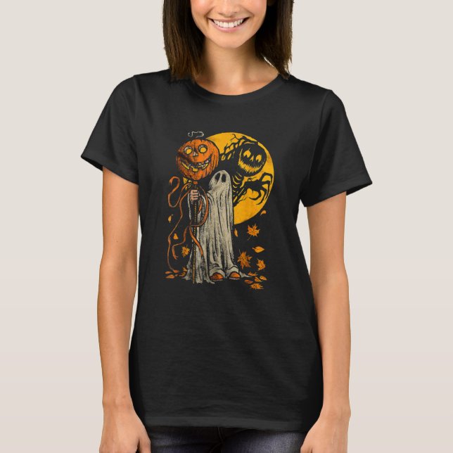 Camiseta Halloween Pumpkin Ghost Autumn Leaves Graphic Art (Anverso)