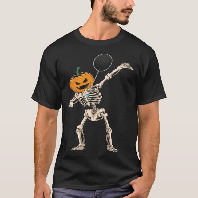 Camiseta Halloween Pumpkin Skeleton Badminton Dabbing (Anverso)