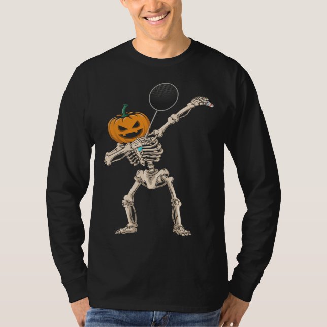 Camiseta Halloween Pumpkin Skeleton Badminton Dabbing (Anverso)