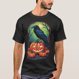 Camiseta Halloween Raven en un parche de calabaza