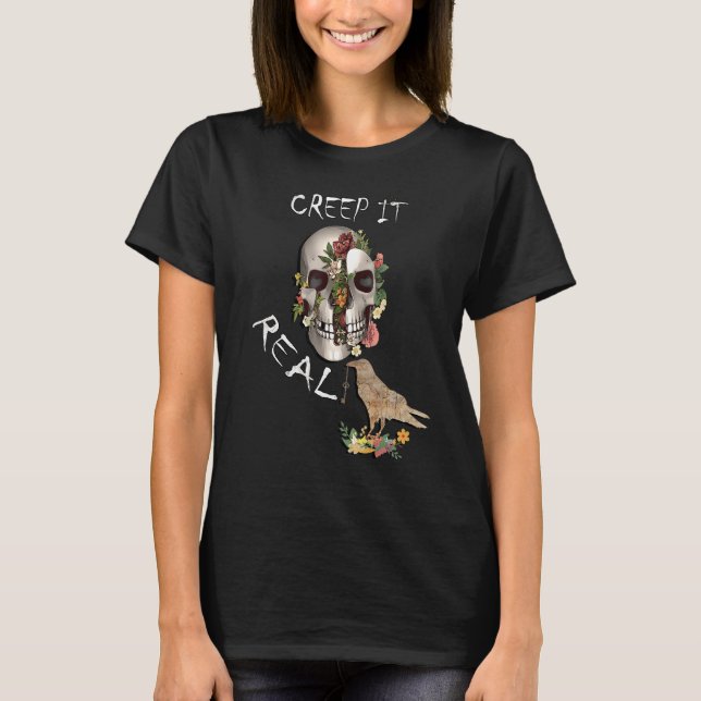 Camiseta Halloween Raven Gothic Floral Crow Skull (Anverso)
