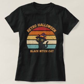 Camiseta Halloween Retro Gato Bruja Negro Atardecer Vintage
