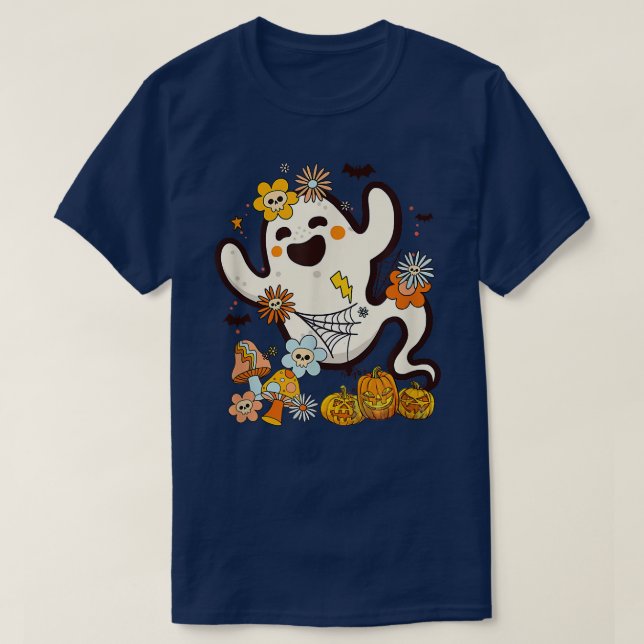 Camiseta Halloween Retro Pumpkin Ghost Floral Fall Vibes 14 (Diseño del anverso)