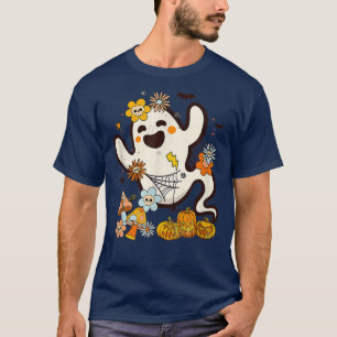 Camiseta Halloween Retro Pumpkin Ghost Floral Fall Vibes 14