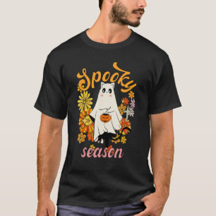 Camiseta Halloween Retro Vintage Floral Gato Fantasma Boo E