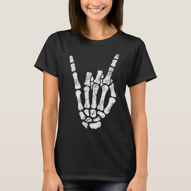Camiseta Halloween Rock Hand Rótulo Skeleton Rock N Rolmb S (Anverso)