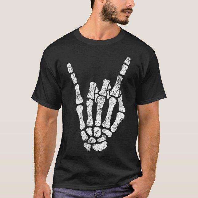 Camiseta Halloween Rock Hand Rótulo Skeleton Rock N Rolmb S (Anverso)