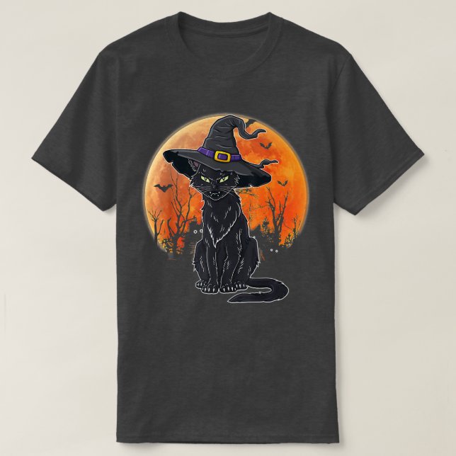 Camiseta Halloween Scary Black Cat Con Witch Gorra Premium (Diseño del anverso)