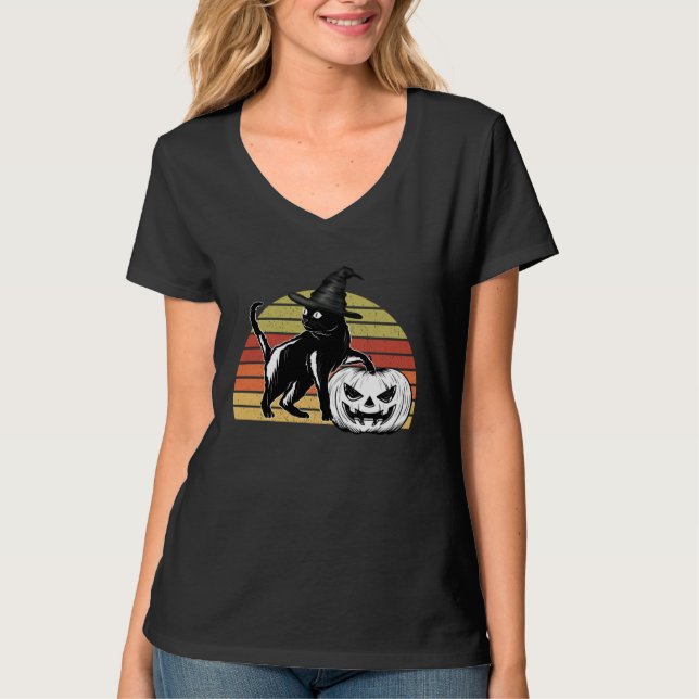 Camiseta Halloween Scary Black Cat Witch Hat Pumpkin JackOL (Anverso)