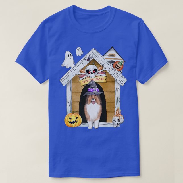 Camiseta Halloween Shetland Sheepdog Dog Witch Haunted Hous (Diseño del anverso)