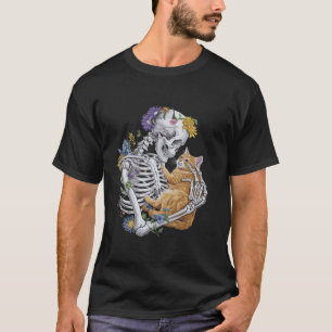 Camiseta Halloween Skeleton Cat Hug Flowe Costume mujeres G