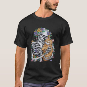 Camiseta Halloween Skeleton Cat Hug Flowe Costume mujeres G
